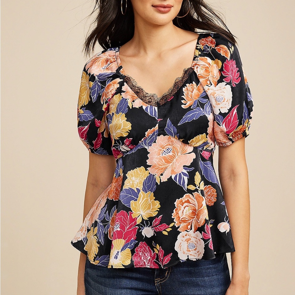 NWT Floral Print Puff Sleeve Blouse Sz S